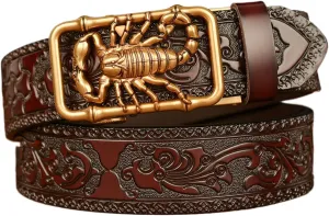 Men Cowhide Belt,Western Cowboy Metal Gold 3D-Print Scorpion Animal Ratchet Adjustable Sliding Automatic Buckle Holeless Waist Belts Jeans/Cowboy,Brown gold,110CM/43.3''