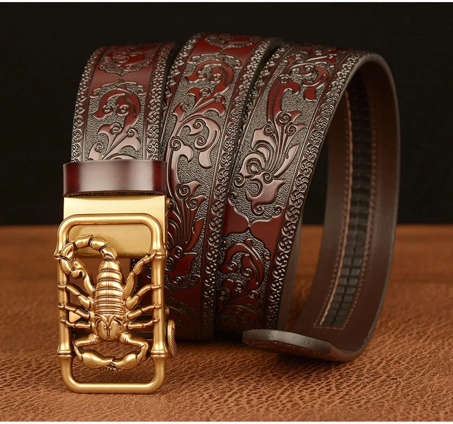Men Cowhide Belt,Western Cowboy Metal Gold 3D-Print Scorpion Animal Ratchet Adjustable Sliding Automatic Buckle Holeless Waist Belts Jeans/Cowboy,Brown gold,110CM/43.3''