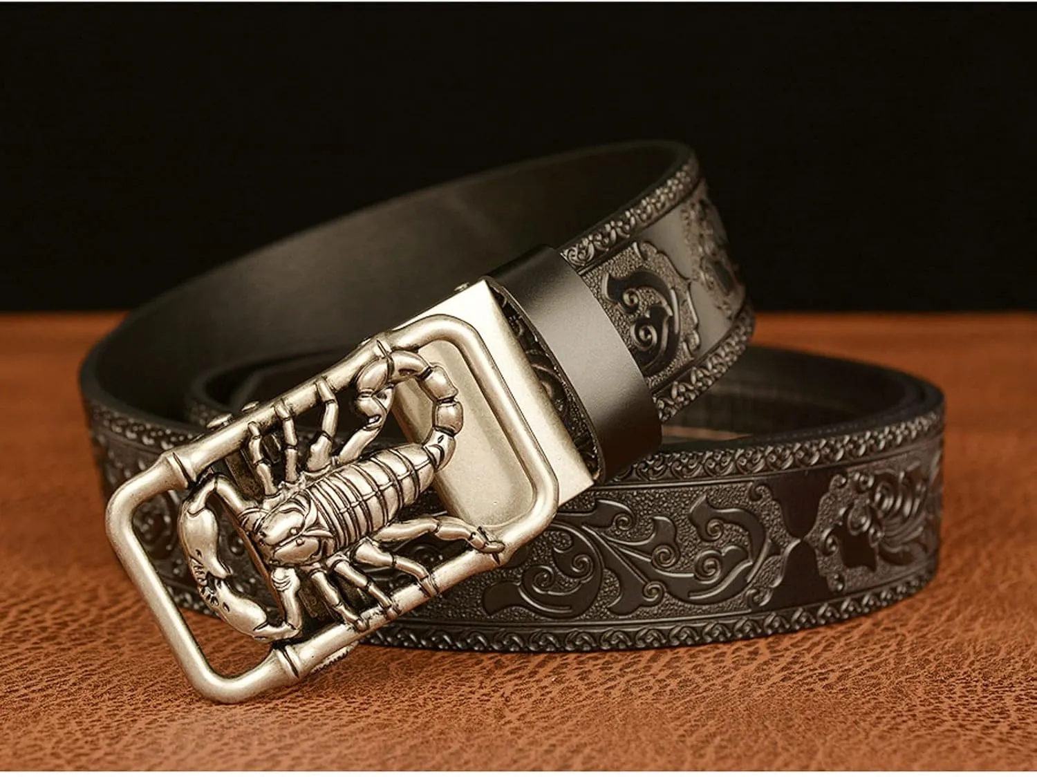 Men Cowhide Belt,Western Cowboy Metal Gold 3D-Print Scorpion Animal Ratchet Adjustable Sliding Automatic Buckle Holeless Waist Belts Jeans/Cowboy,Brown Silver,110CM/43.3''