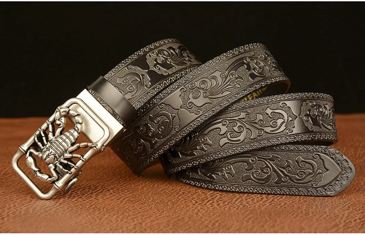 Men Cowhide Belt,Western Cowboy Metal Gold 3D-Print Scorpion Animal Ratchet Adjustable Sliding Automatic Buckle Holeless Waist Belts Jeans/Cowboy,Brown Silver,110CM/43.3''