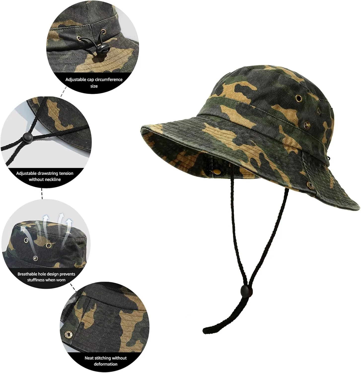 Men's Bucket Hat Camo Outdoor Sun Protection, Breathable Quick-Dry Fishing Gardening Hiking Hat ,UPF50  Cotton Wide Brim
