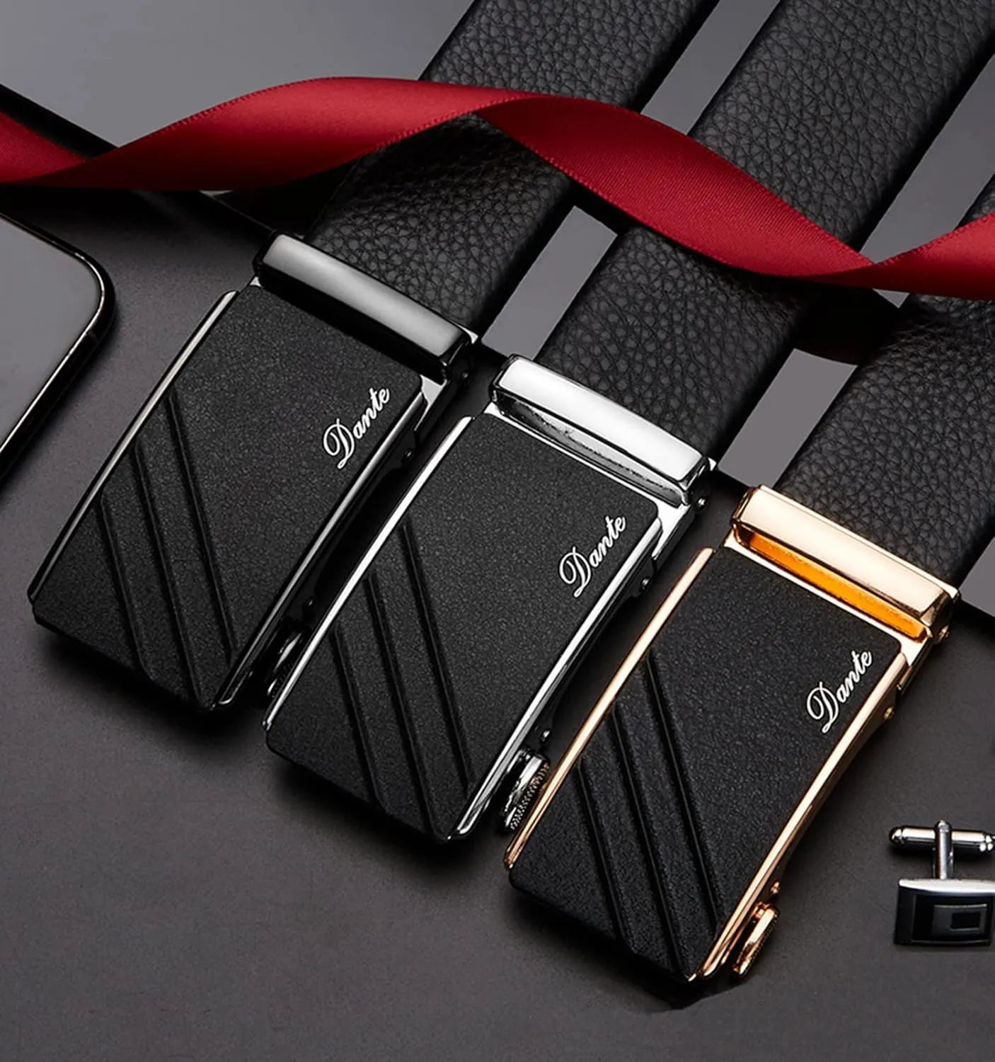 Mens Casual Ratchet Belt with Automatic Buckle Stylish Adjustable Slide Genuine Leather Belts for Men Dress Pants