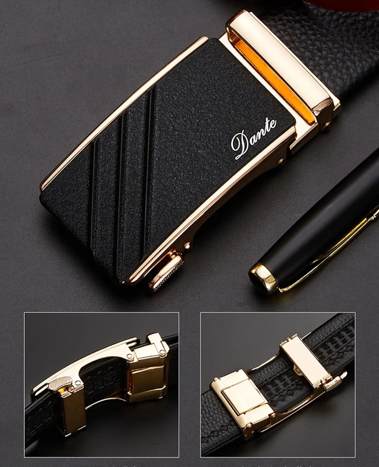 Mens Casual Ratchet Belt with Automatic Buckle Stylish Adjustable Slide Genuine Leather Belts for Men Dress Pants