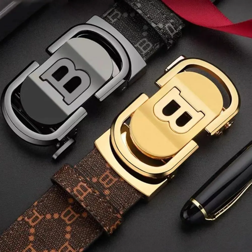 Mens Designer Ratchet Belts for Casual Jeans with Letters B,Leather Belts with Automatic Slide Buckle