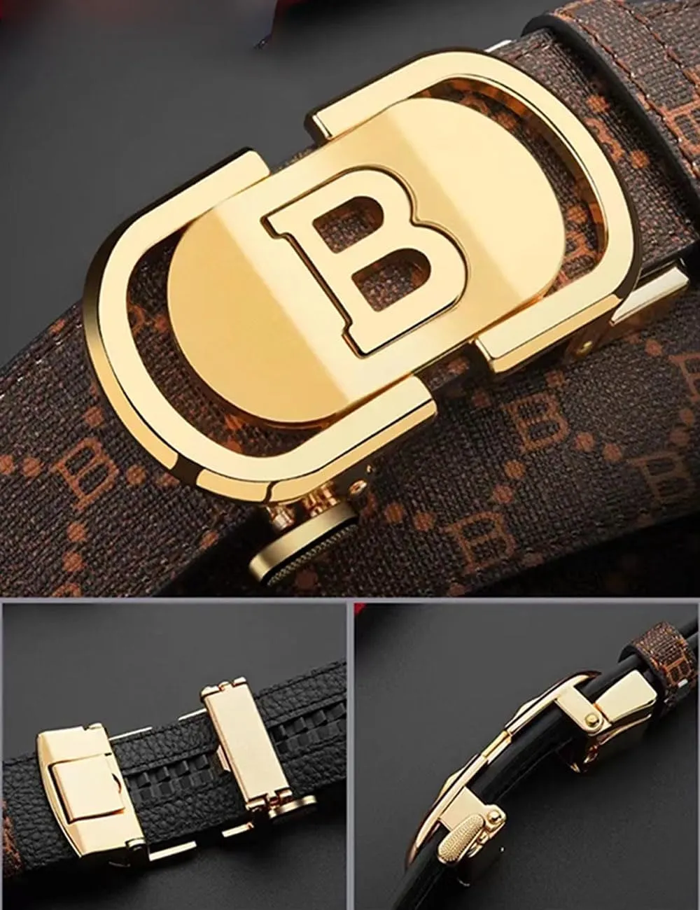 Mens Designer Ratchet Belts for Casual Jeans with Letters B,Leather Belts with Automatic Slide Buckle