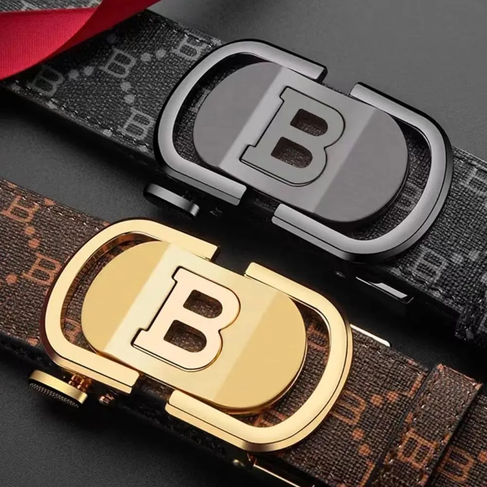 Mens Designer Ratchet Belts for Casual Jeans with Letters B,Leather Belts with Automatic Slide Buckle
