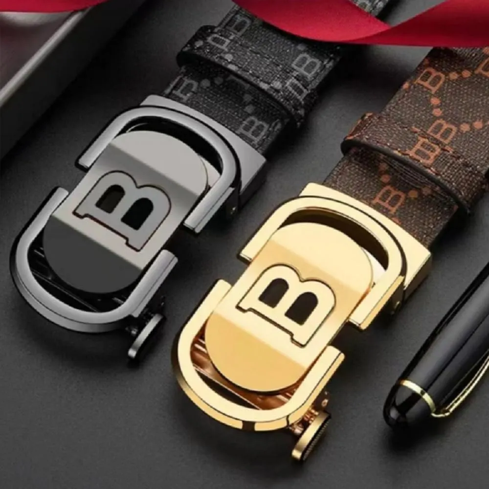 Mens Designer Ratchet Belts for Casual Jeans with Letters B,Leather Belts with Automatic Slide Buckle