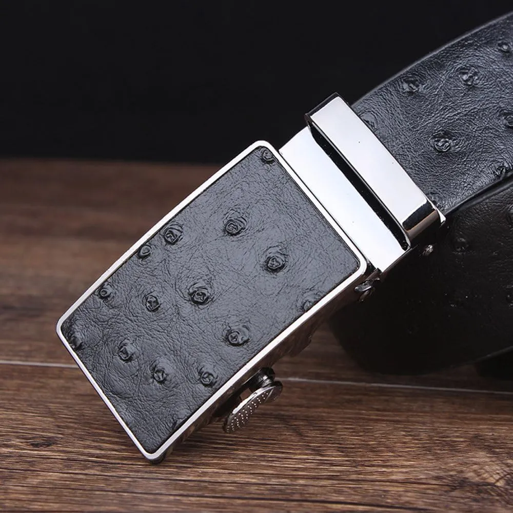 Men's Ostrich Skin Embossed Pattern Automatic Buckle Genuine Cow Leather Belts Ratchet Belt 35mm Wide 5 Color