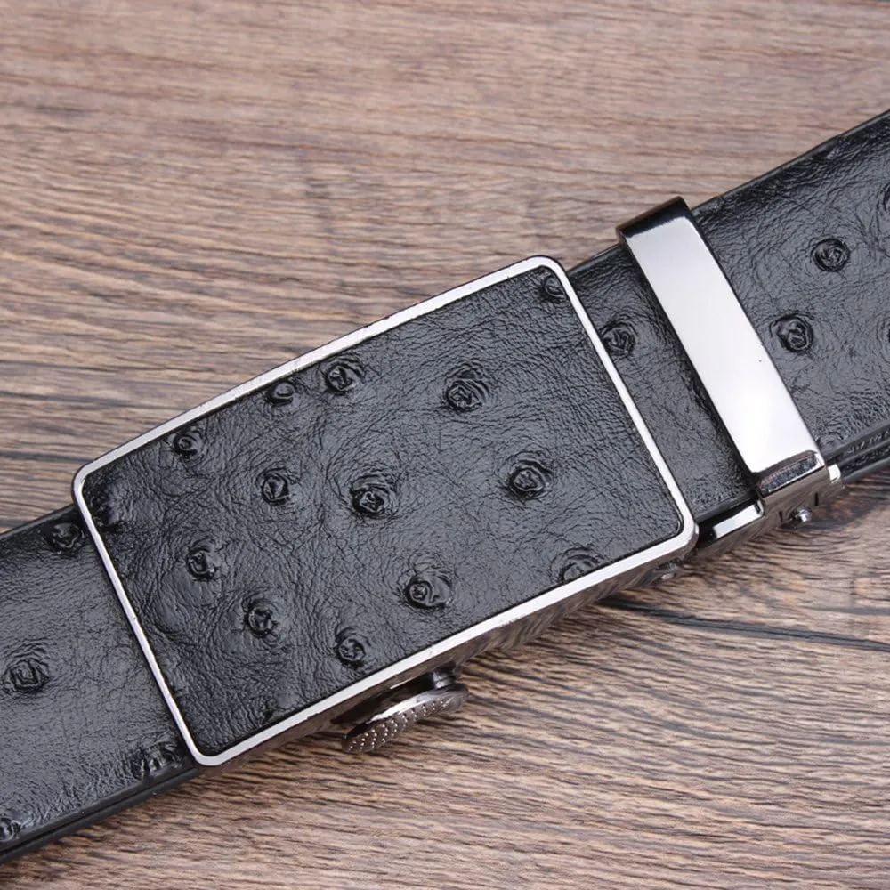 Men's Ostrich Skin Embossed Pattern Automatic Buckle Genuine Cow Leather Belts Ratchet Belt 35mm Wide 5 Color