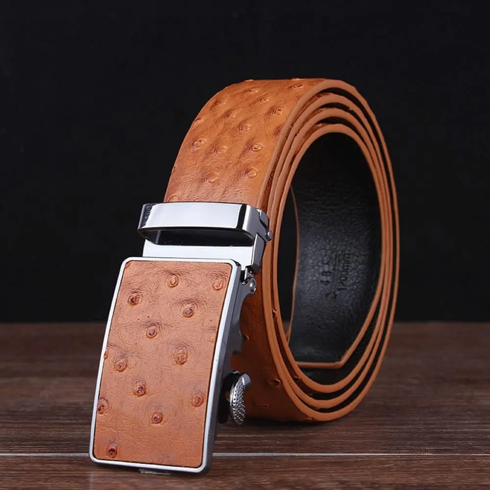 Men's Ostrich Skin Embossed Pattern Automatic Buckle Genuine Cow Leather Belts Ratchet Belt 35mm Wide 5 Color