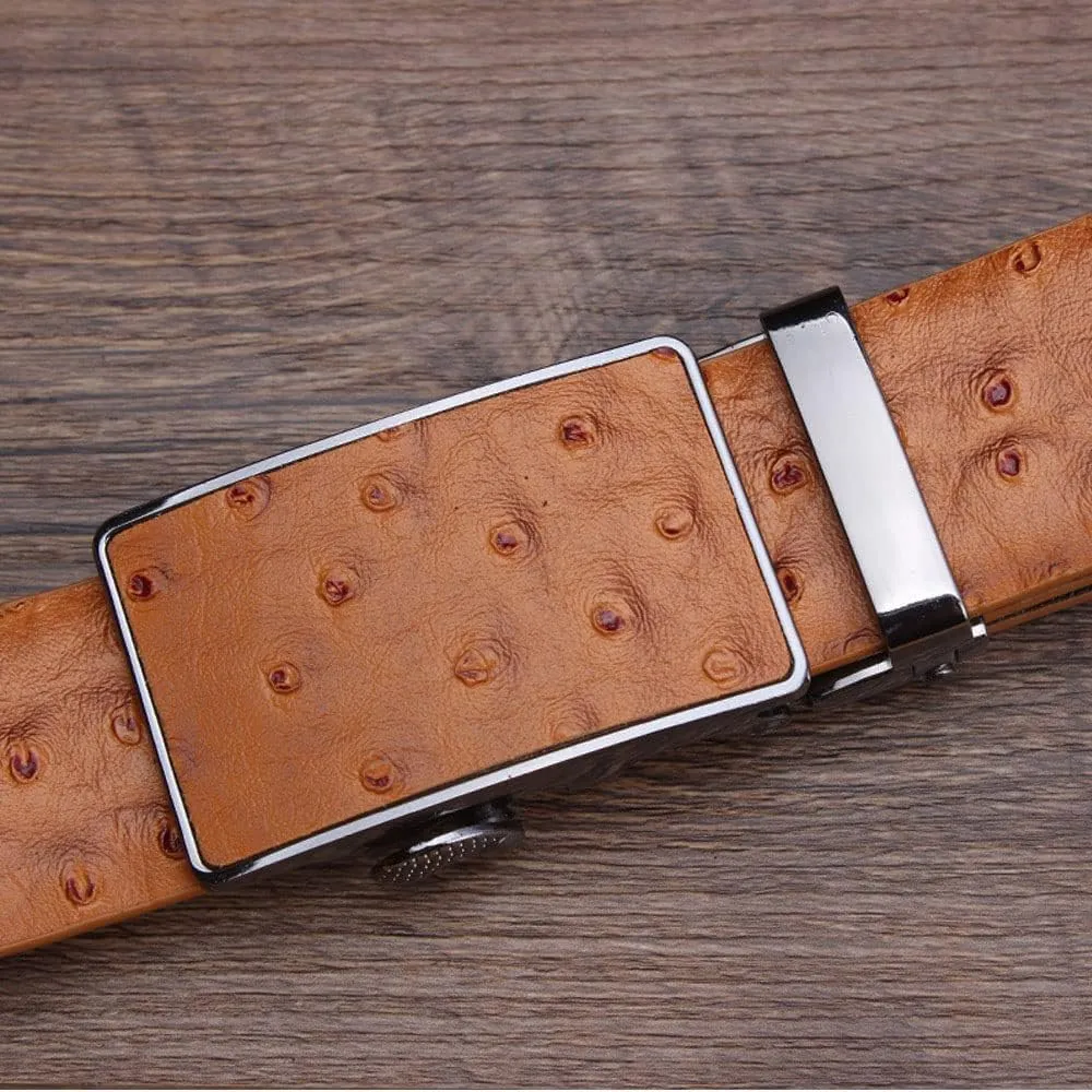 Men's Ostrich Skin Embossed Pattern Automatic Buckle Genuine Cow Leather Belts Ratchet Belt 35mm Wide 5 Color