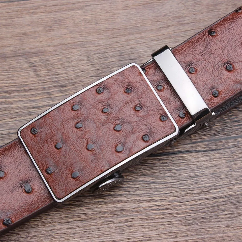 Men's Ostrich Skin Embossed Pattern Automatic Buckle Genuine Cow Leather Belts Ratchet Belt 35mm Wide 5 Color