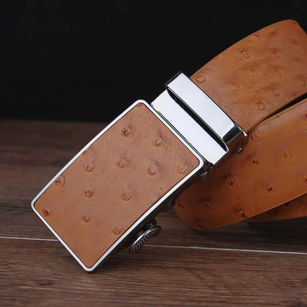 Men's Ostrich Skin Embossed Pattern Automatic Buckle Genuine Cow Leather Belts Ratchet Belt 35mm Wide 5 Color