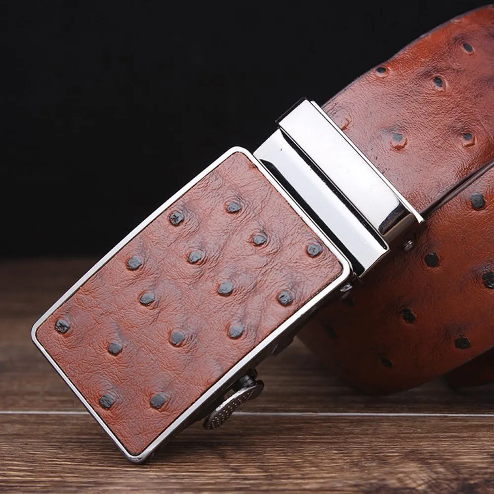 Men's Ostrich Skin Embossed Pattern Automatic Buckle Genuine Cow Leather Belts Ratchet Belt 35mm Wide 5 Color