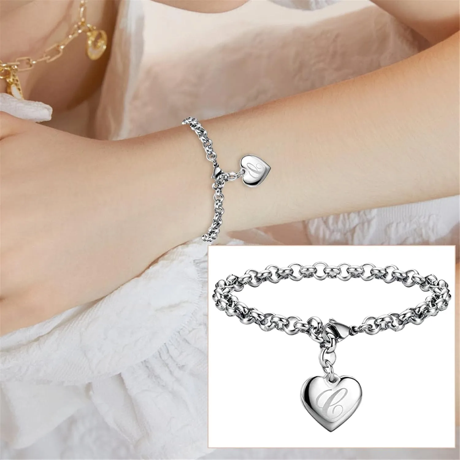 Mens Townsman Stainless Steel and Leather Casual Quartz Initial Charm Bracelets for Teen Girls Stainless Steel Heart Charm Bracelets for Women 26 Letters Alphabet Bracelet Jewelry Gifts (C, One Size)