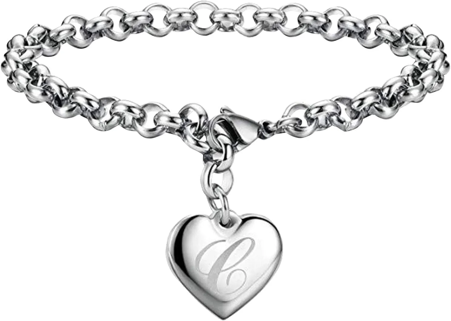 Mens Townsman Stainless Steel and Leather Casual Quartz Initial Charm Bracelets for Teen Girls Stainless Steel Heart Charm Bracelets for Women 26 Letters Alphabet Bracelet Jewelry Gifts (C, One Size)