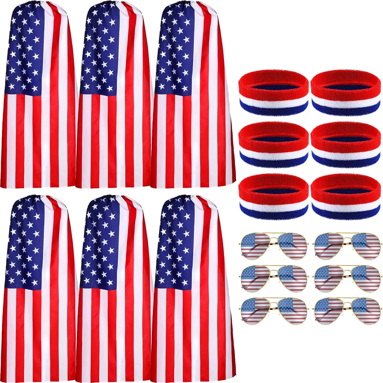 Mepase 6 Set 4th of July Accessories Include American Flag Cape, Retro USA Sunglasses and American Flag Headband for Men Women Independence Day Celebration Patriotic Party Costume