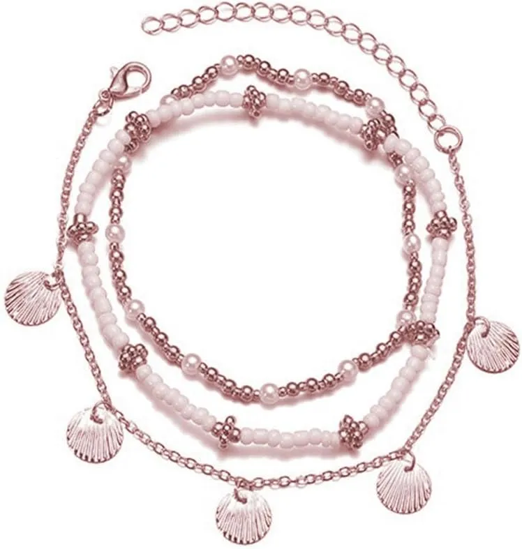 MIFYNN Boho Shell Anklets for Women Gold Bead Ankle Bracelet Layered Adjustable Elastic Anklets Boho Beach Foot Jewelry Gifts for Women