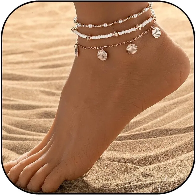 MIFYNN Boho Shell Anklets for Women Gold Bead Ankle Bracelet Layered Adjustable Elastic Anklets Boho Beach Foot Jewelry Gifts for Women