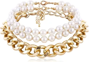Multi Layered Necklace, Chains Necklace for Women 3 Layer Gold Lobster Claw White Round Thick Pearl Chain Design Anniversary