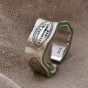 New 2023 Elegant Monogram Engraved Green Stripe Design Vintage Thai Silver Color Women's Finger Ring Party Jewellery Gift