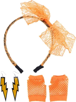 NUOBESTY 80s Lace Headband Neon Earrings Fishnet Gloves 80s Party Accessory Set (Orange)