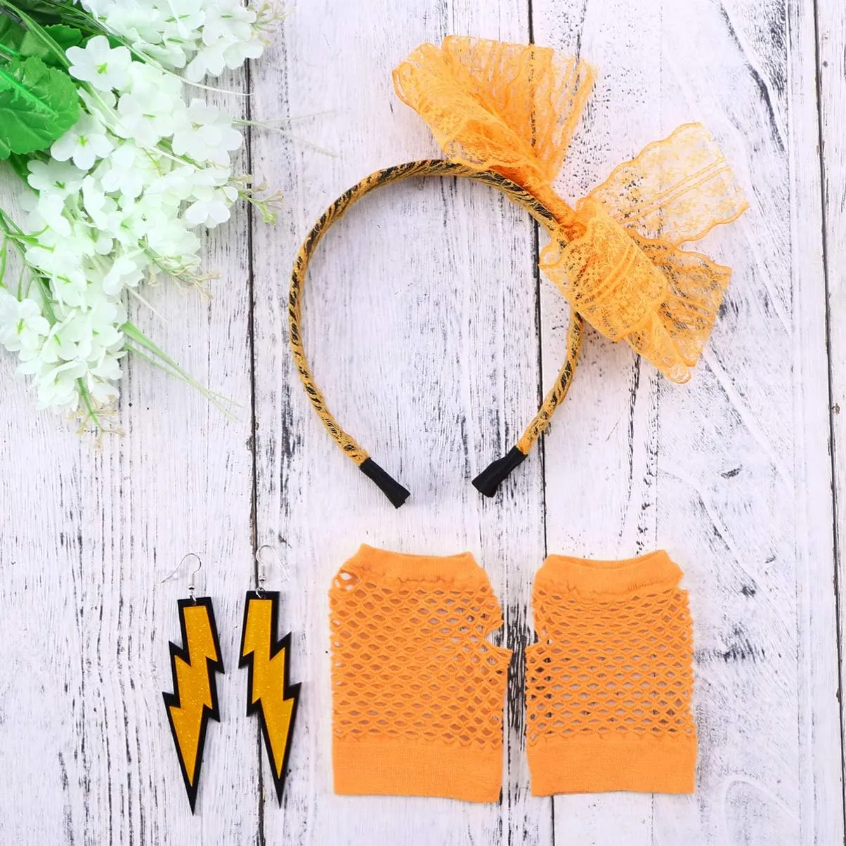 NUOBESTY 80s Lace Headband Neon Earrings Fishnet Gloves 80s Party Accessory Set (Orange)