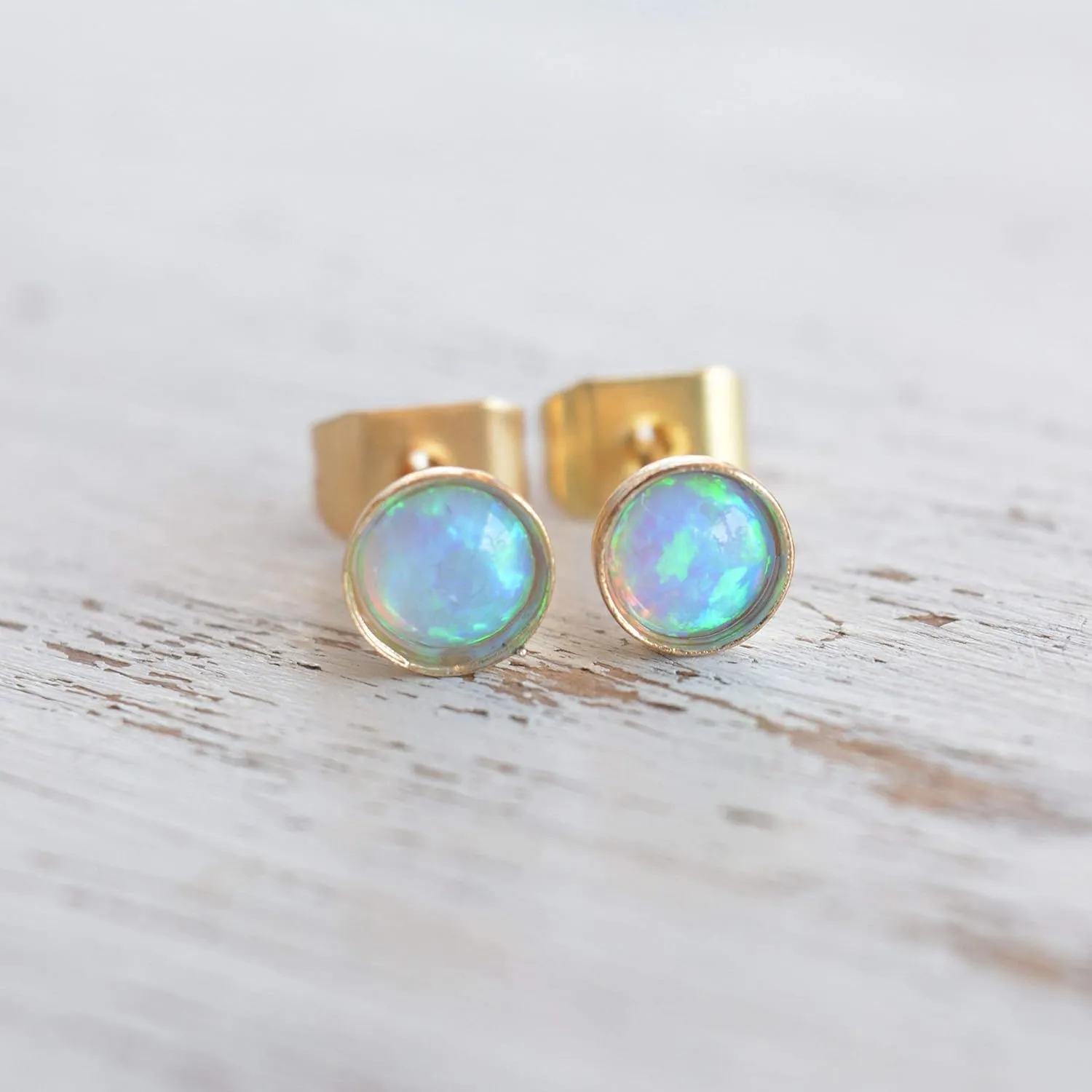 Opal Earrings - 6mm Stud Earrings - Minimalist Opal Stud Fashion Earrings for Women (Gold - Light Blue Round Opal)