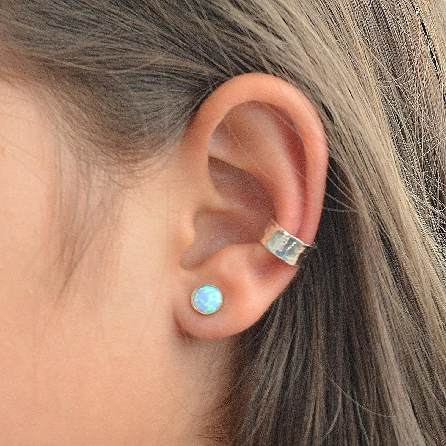 Opal Earrings - 6mm Stud Earrings - Minimalist Opal Stud Fashion Earrings for Women (Gold - Light Blue Round Opal)