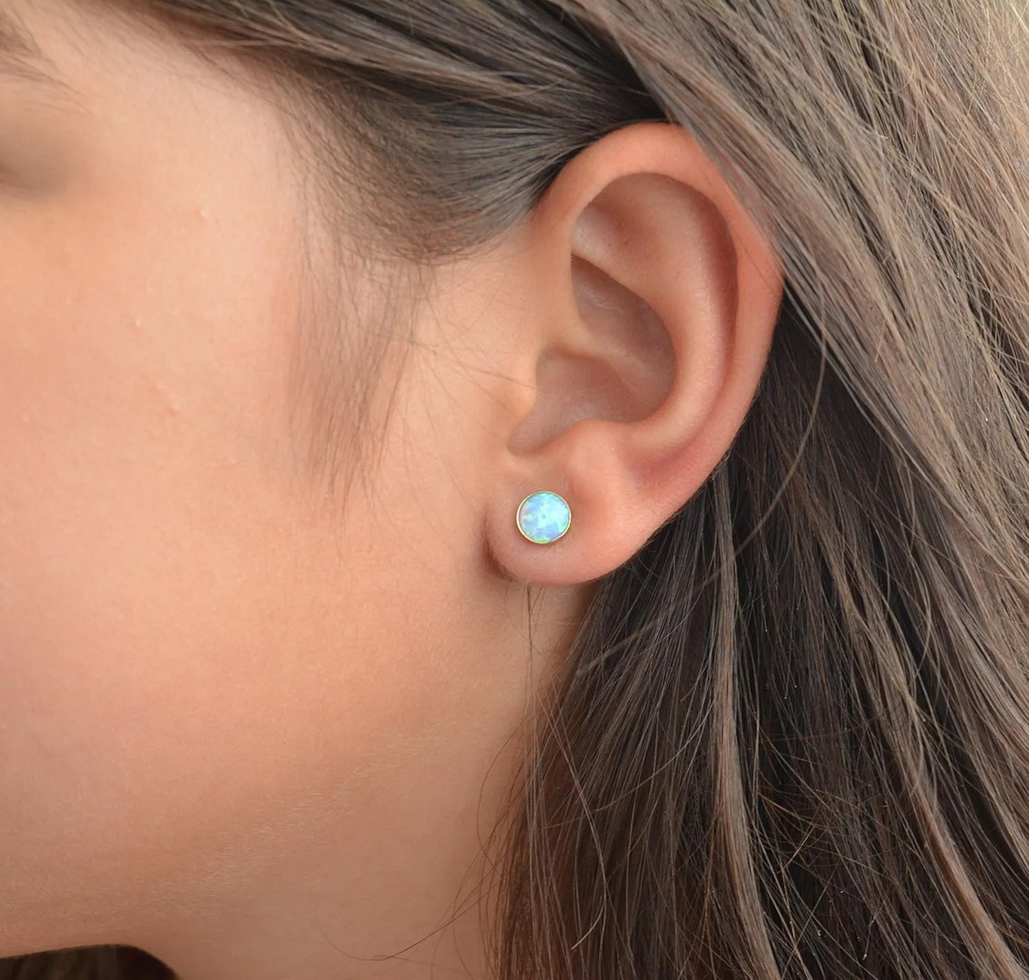 Opal Earrings - 6mm Stud Earrings - Minimalist Opal Stud Fashion Earrings for Women (Gold - Light Blue Round Opal)