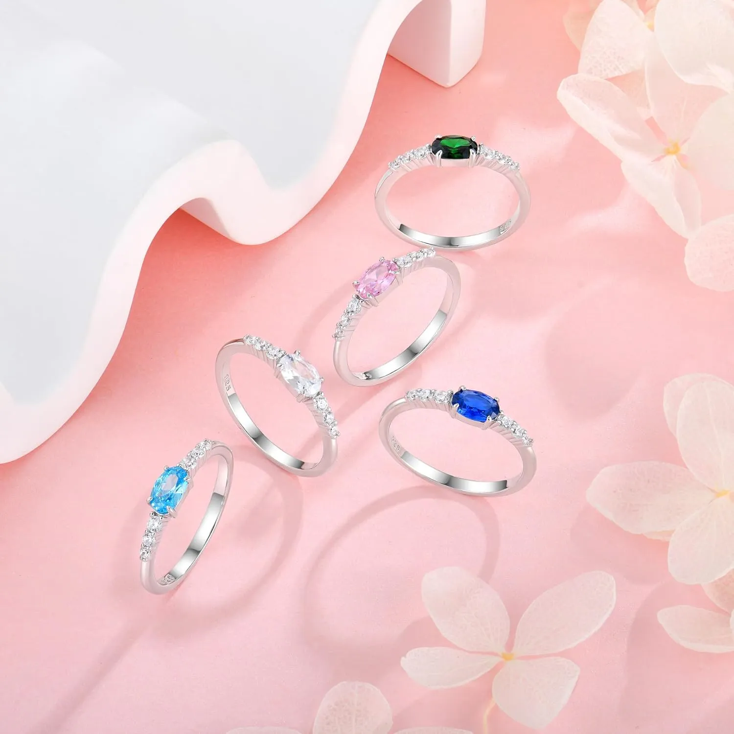 Oval Shape Birthstone Stackable Rings for Women Solid Sterling Silver Plated 18K White Gold Half Eternity Halo Cubic Zirconia Promise Engagement Wedding Band Rings Jewelry for Size 6-9