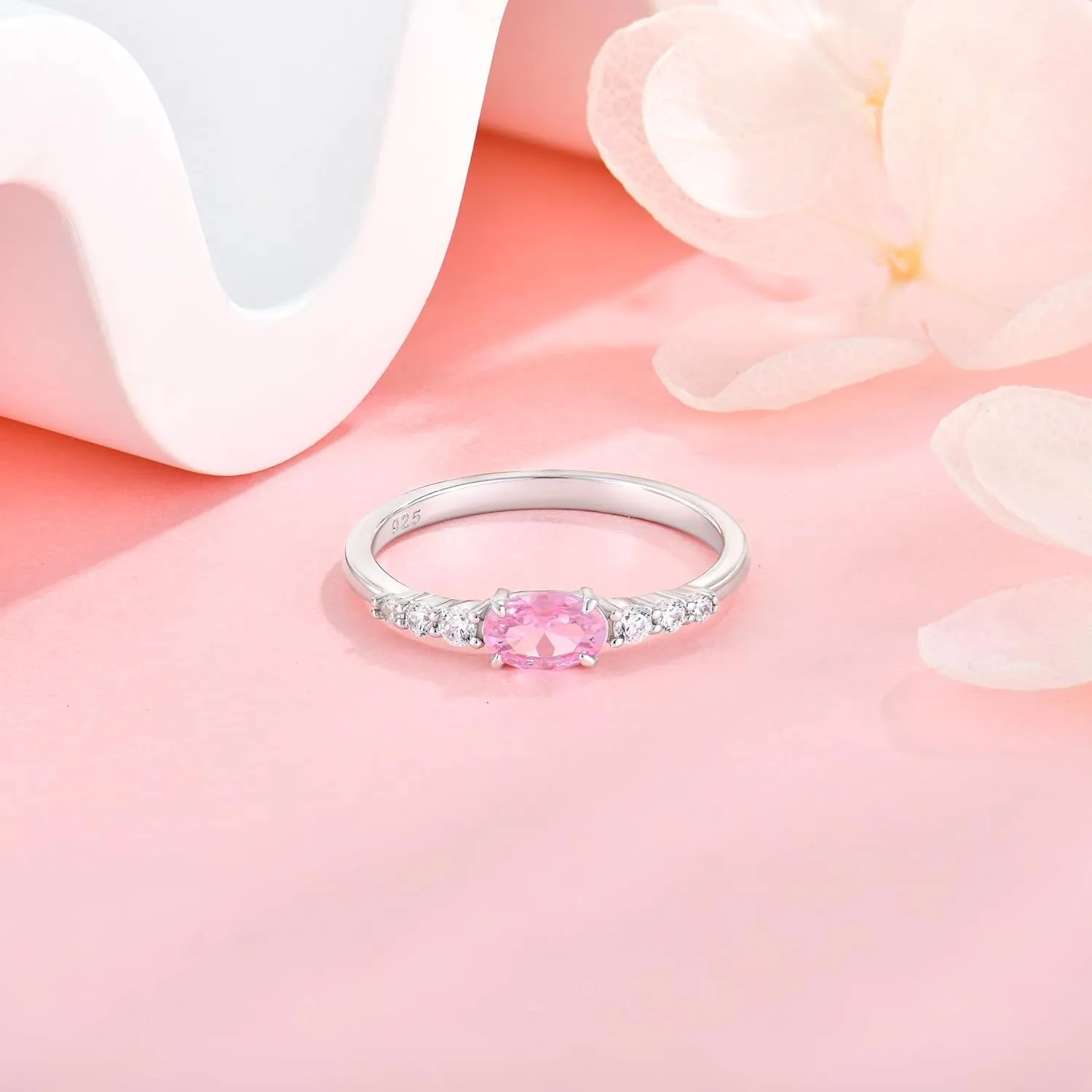 Oval Shape Birthstone Stackable Rings for Women Solid Sterling Silver Plated 18K White Gold Half Eternity Halo Cubic Zirconia Promise Engagement Wedding Band Rings Jewelry for Size 6-9