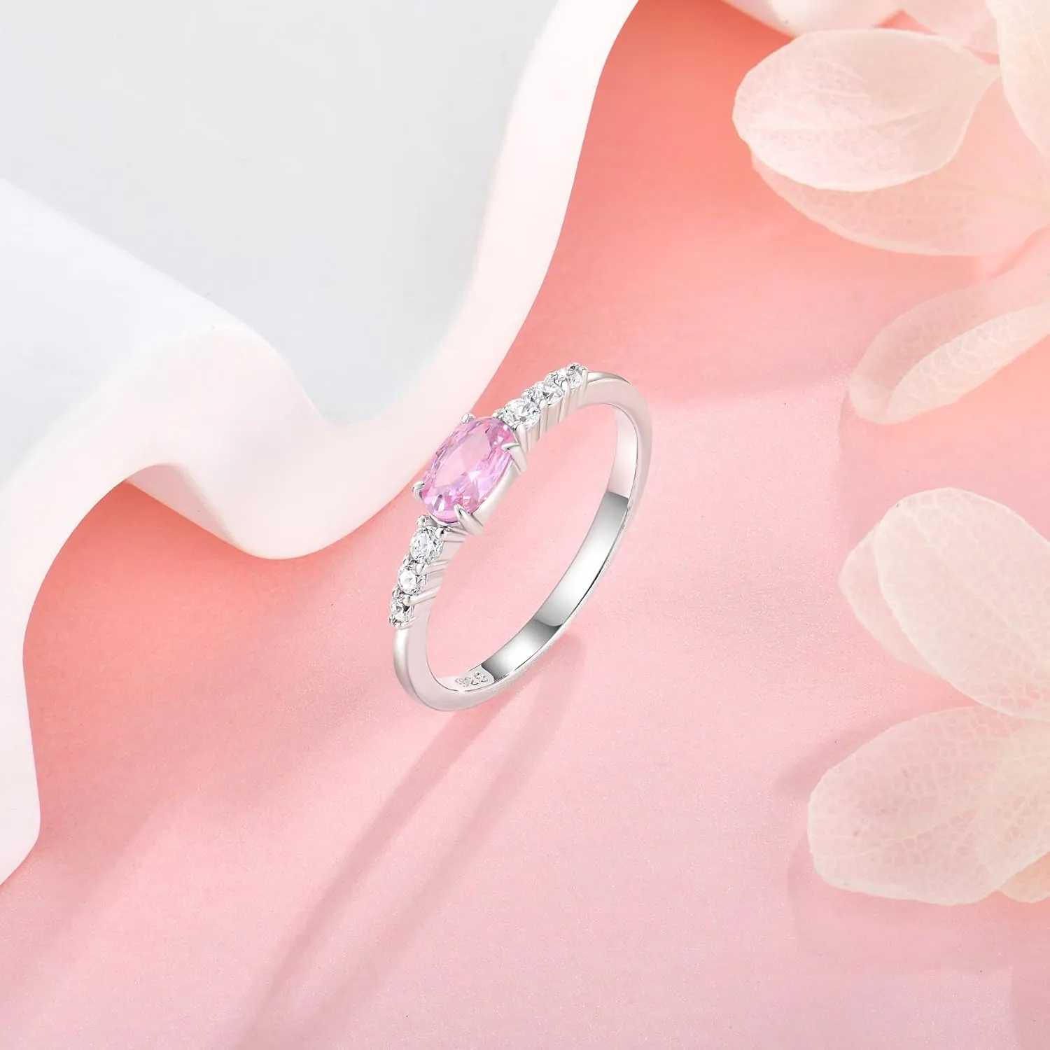 Oval Shape Birthstone Stackable Rings for Women Solid Sterling Silver Plated 18K White Gold Half Eternity Halo Cubic Zirconia Promise Engagement Wedding Band Rings Jewelry for Size 6-9