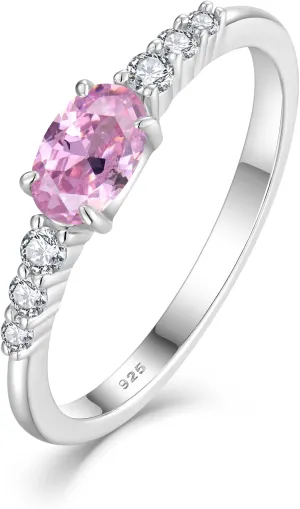 Oval Shape Birthstone Stackable Rings for Women Solid Sterling Silver Plated 18K White Gold Half Eternity Halo Cubic Zirconia Promise Engagement Wedding Band Rings Jewelry for Size 6-9