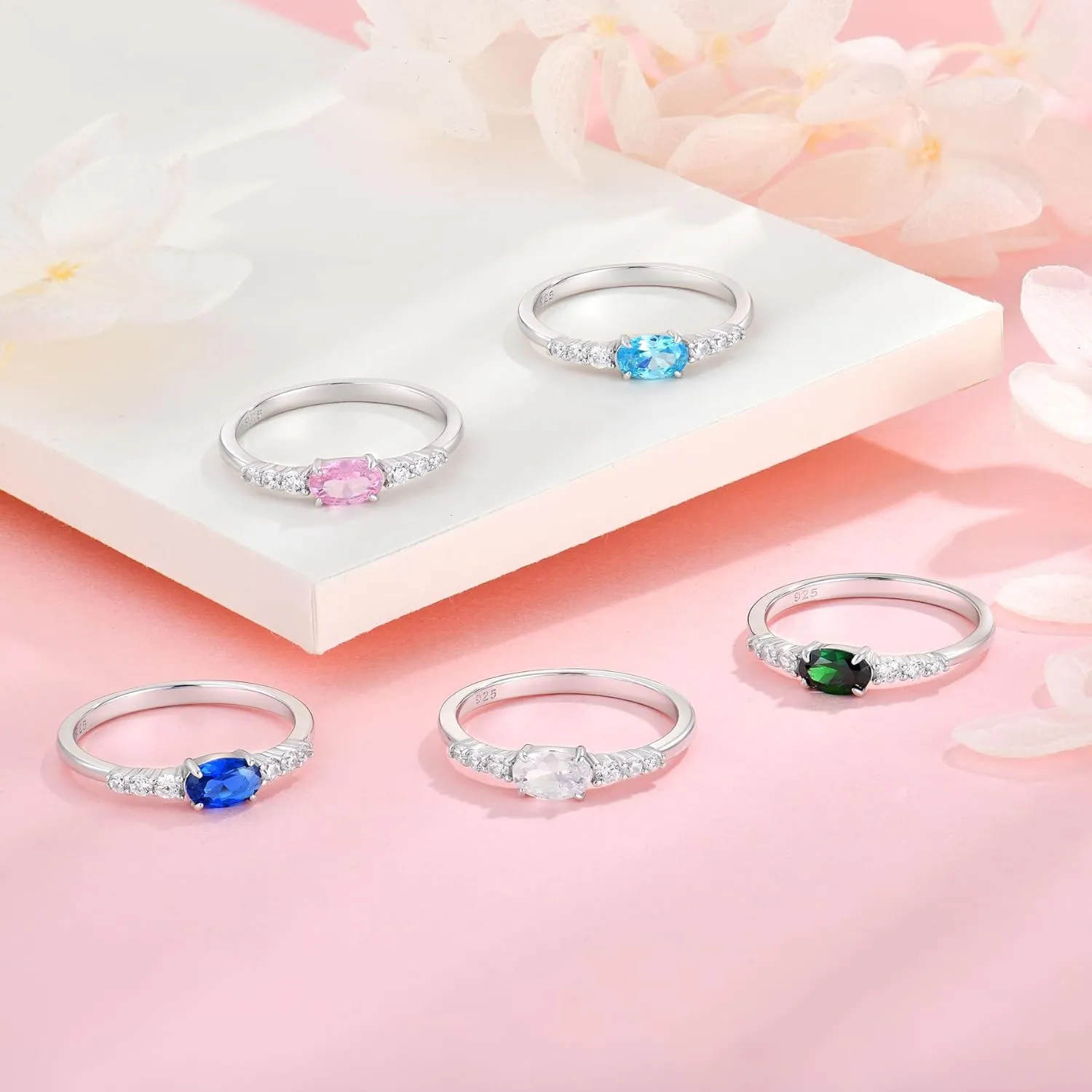 Oval Shape Birthstone Stackable Rings for Women Solid Sterling Silver Plated 18K White Gold Half Eternity Halo Cubic Zirconia Promise Engagement Wedding Band Rings Jewelry for Size 6-9