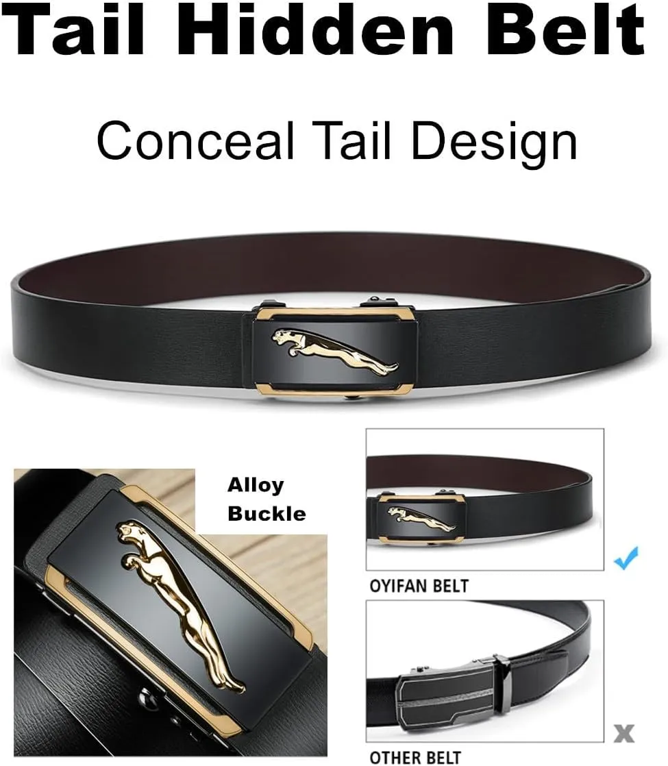 Oyifan Black Leather Belts for Men Dress Casual Ratchet Belt, Cut To Fit, Gift Box