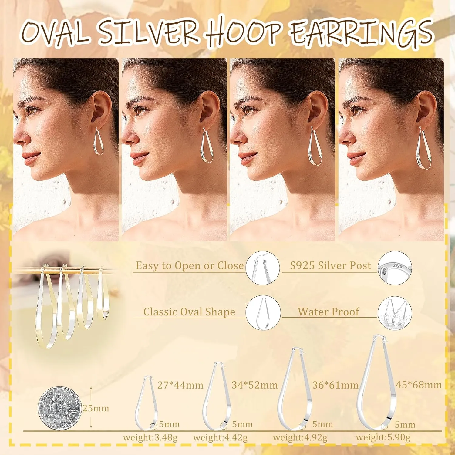 PABBEU S925 Sterling Silver Hoop Earrings Lightweight Oval Silver Hoop Earrings for Women Hypoallergenic 14k Gold Plated Hoops Earring Large Gold Hoops Earring for Women Gift (Inner Diameter：27/34/36/45mm)