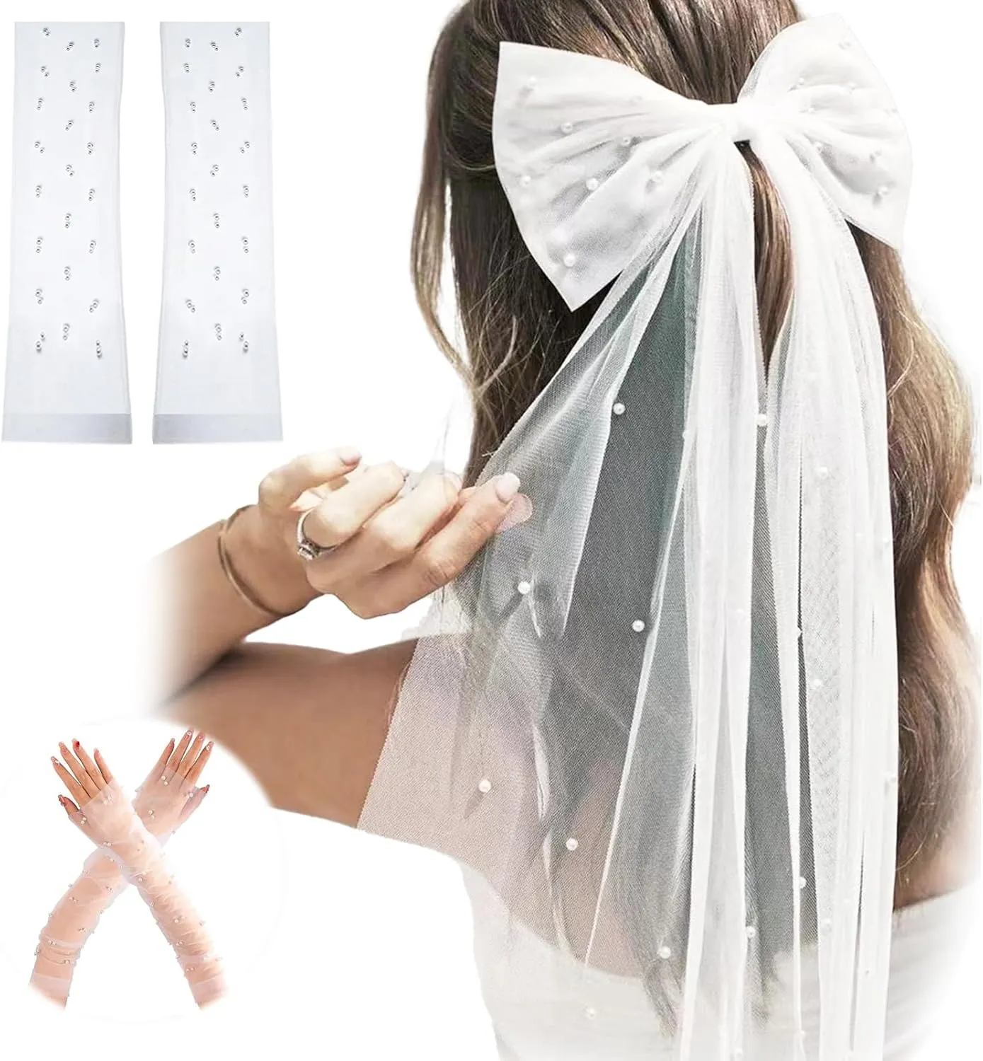Pearl Bridal Bow-Knot Veil and Wedding Gloves Set, White Pearl Hair Clip Tulle Bachelorette Party Hair Accessories and Sheer Silk Tulle Brides Fingerless Gloves