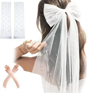 Pearl Bridal Bow-Knot Veil and Wedding Gloves Set, White Pearl Hair Clip Tulle Bachelorette Party Hair Accessories and Sheer Silk Tulle Brides Fingerless Gloves