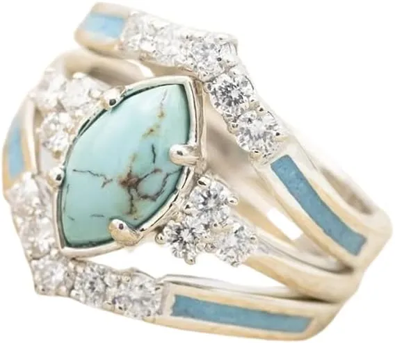 Pingyongchang 3 PCS Ring Set Natural Turquoise Diamond Rings Turquoise Silver Color Rings for Women Statement Boho Finger RingsTurquoise Jewelry Sparkling Natural Gemstone