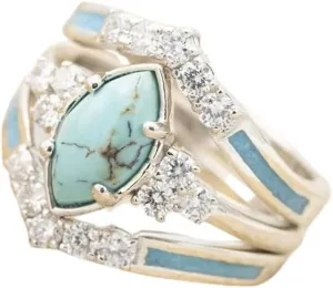 Pingyongchang 3 PCS Ring Set Natural Turquoise Diamond Rings Turquoise Silver Color Rings for Women Statement Boho Finger RingsTurquoise Jewelry Sparkling Natural Gemstone