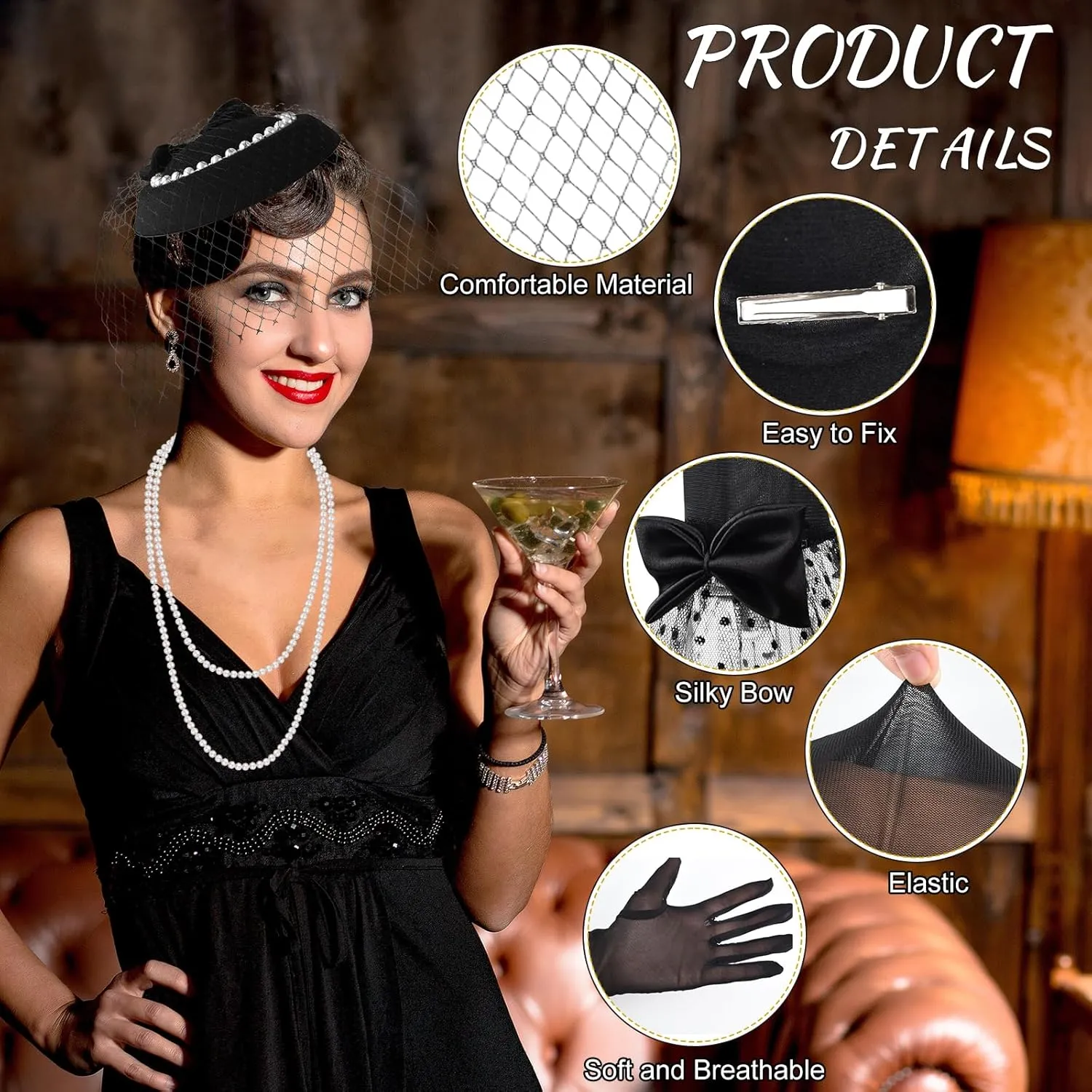 PLULON 50s Fascinators Hat for Women Tea Party with Short Lace Gloves Pearl Necklace Earrings for 1920s Party