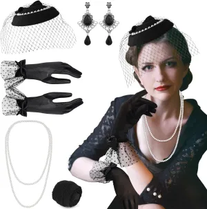 PLULON 50s Fascinators Hat for Women Tea Party with Short Lace Gloves Pearl Necklace Earrings for 1920s Party