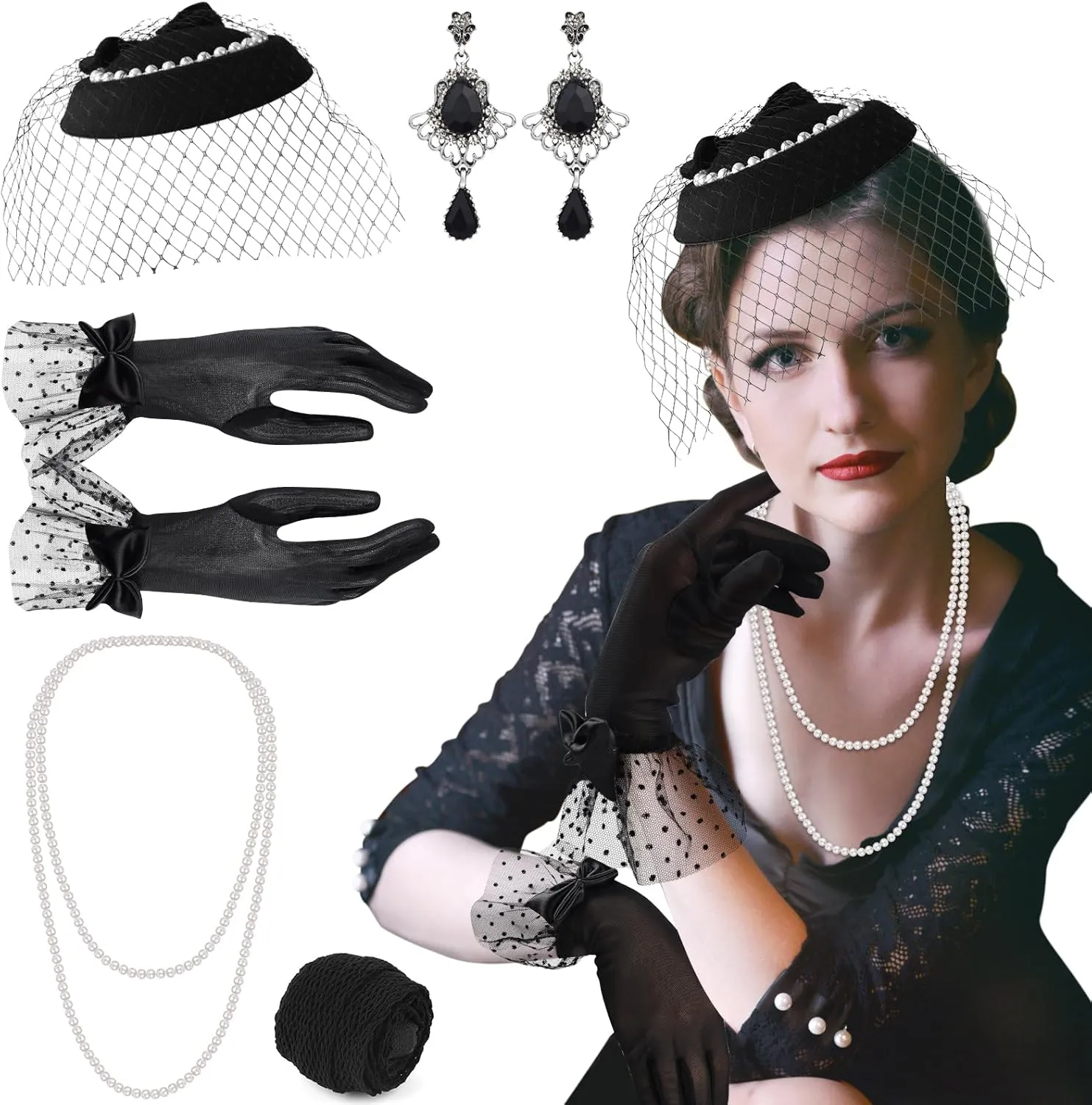 PLULON 50s Fascinators Hat for Women Tea Party with Short Lace Gloves Pearl Necklace Earrings for 1920s Party