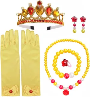 Princess Belle Dress up Accessories for Girls Belle Crown Gloves Bracelet Necklace Ring Earrings Halloween Christmas Party Favors for Kids