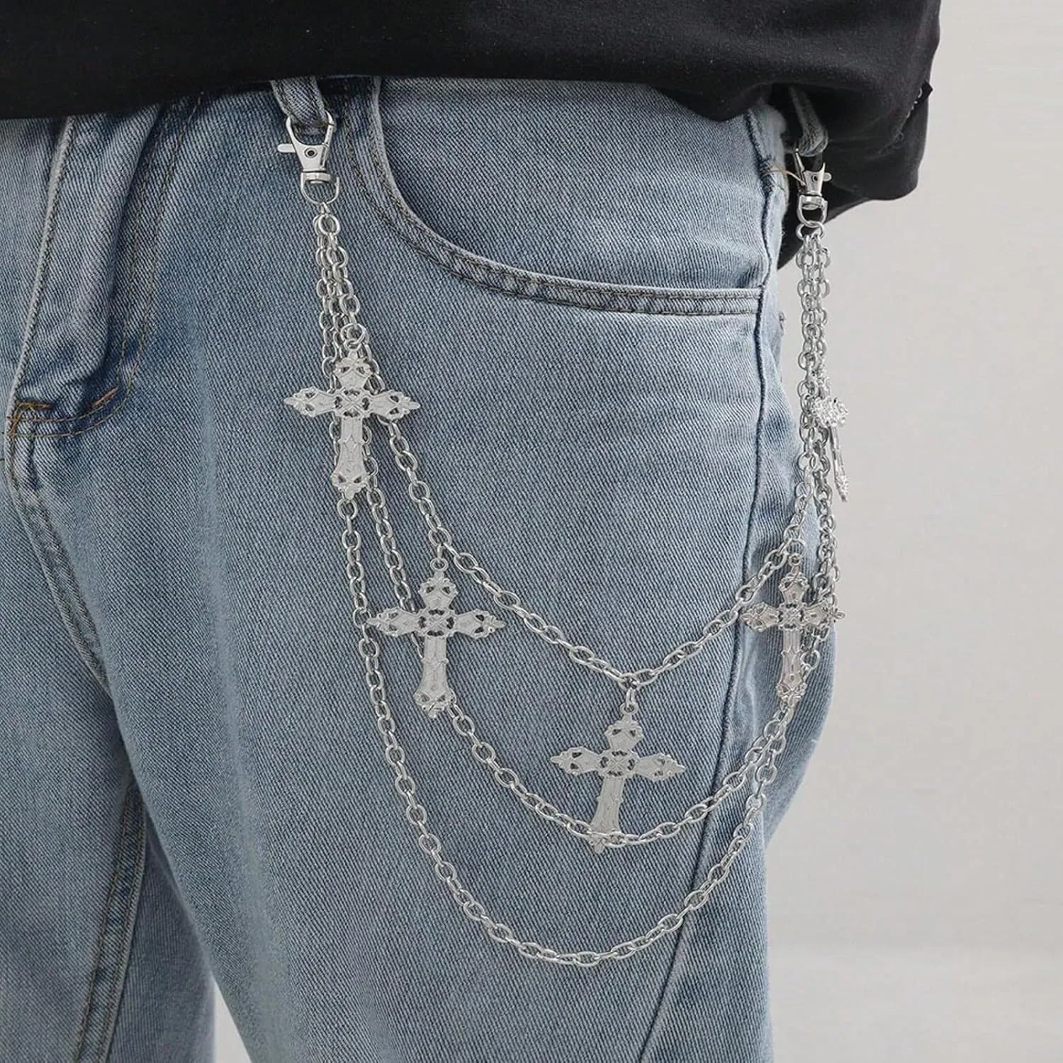 Punk Pants Chain for Men Women Layered Hip Hop Cross Jean Chains Vintage Rock Charm Belt Chain Silver Black Wallet Pocket Chain Halloween Jewelry Clothing Accessories