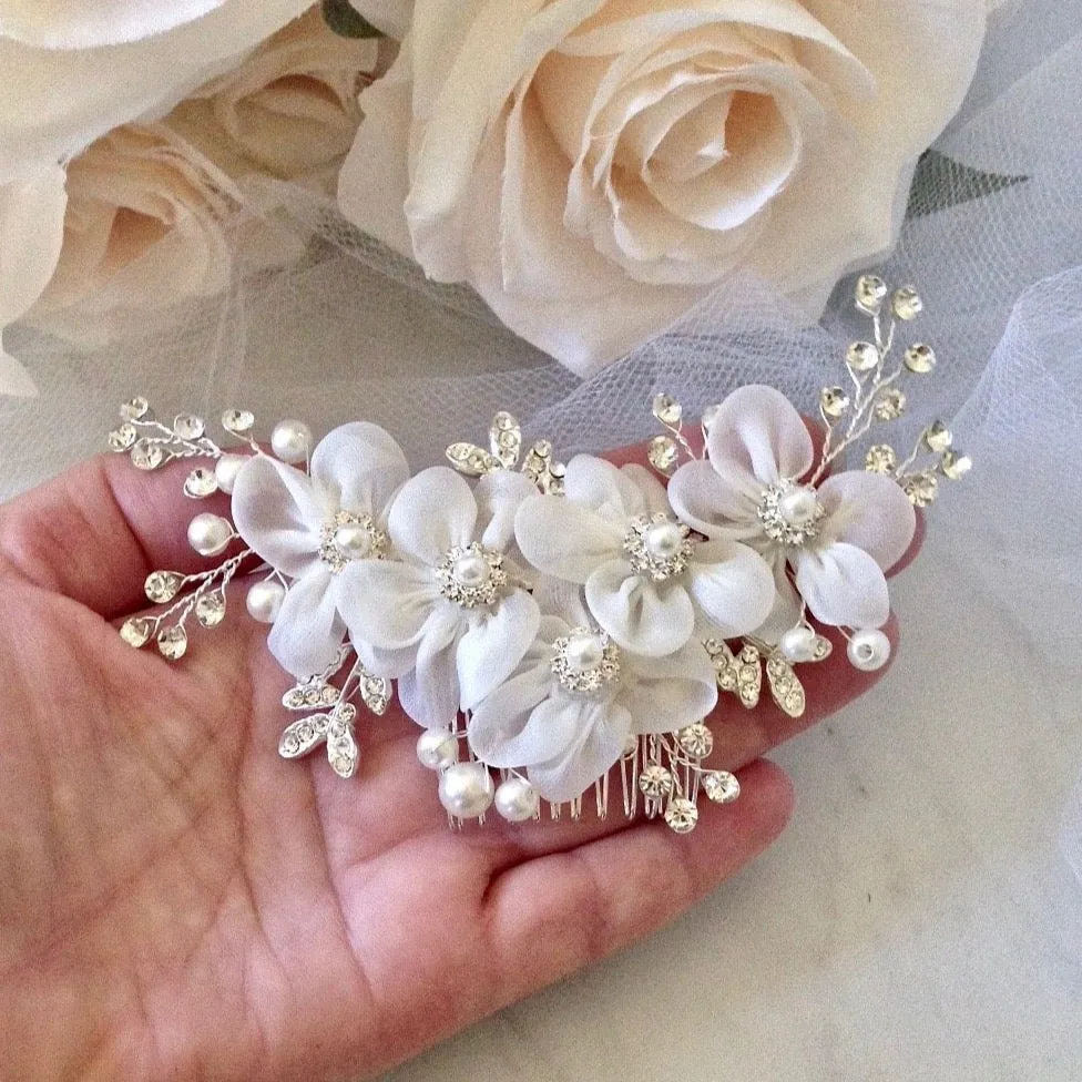 "Danielle" - Silver Pearl and Crystal Bridal Hair Comb/Clip