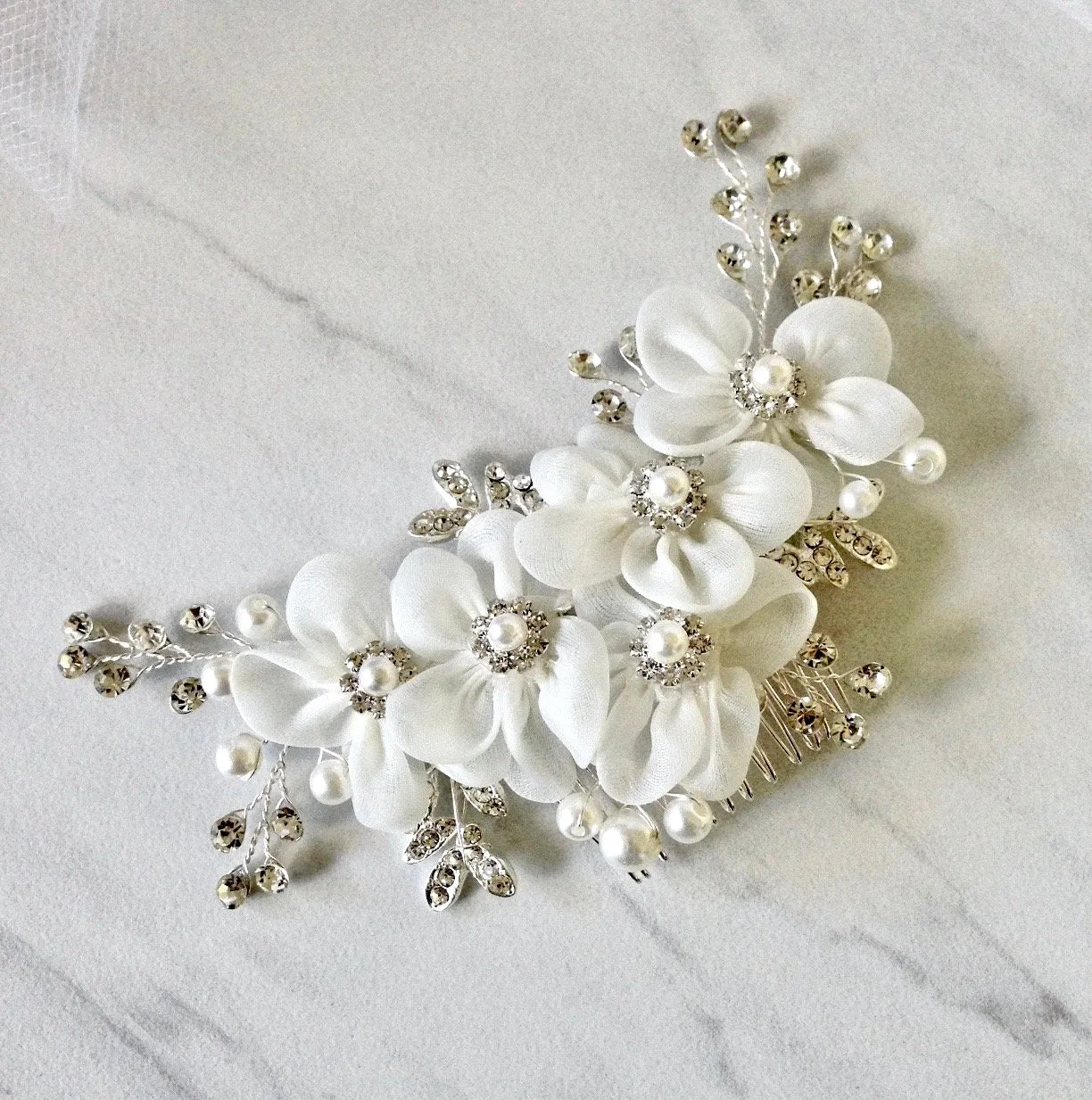 "Danielle" - Silver Pearl and Crystal Bridal Hair Comb/Clip