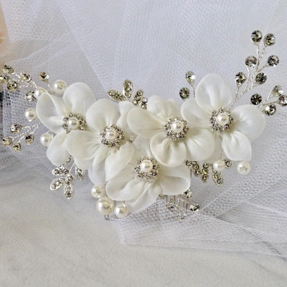 "Danielle" - Silver Pearl and Crystal Bridal Hair Comb/Clip