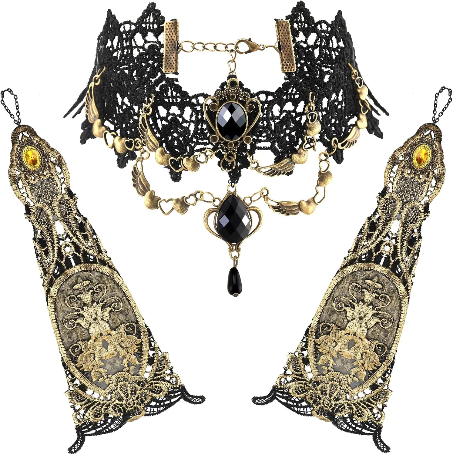 Ramede 3 Pcs Halloween Steampunk Lace Choker Necklace Gothic Fingerless Lace Gloves Black Lace Neck Chain Collar Cosplay Length Finger Gloves Vampire Accessories for Women Party Decoration Costume
